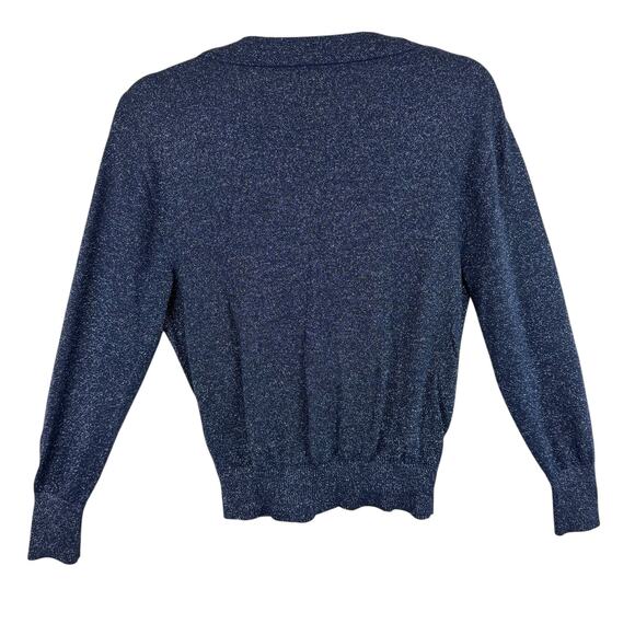 J. Crew Navy Blue Shimmery Merino Wool Blend Faux Wrap Lightweight Sweater Sz M - Picture 2 of 6